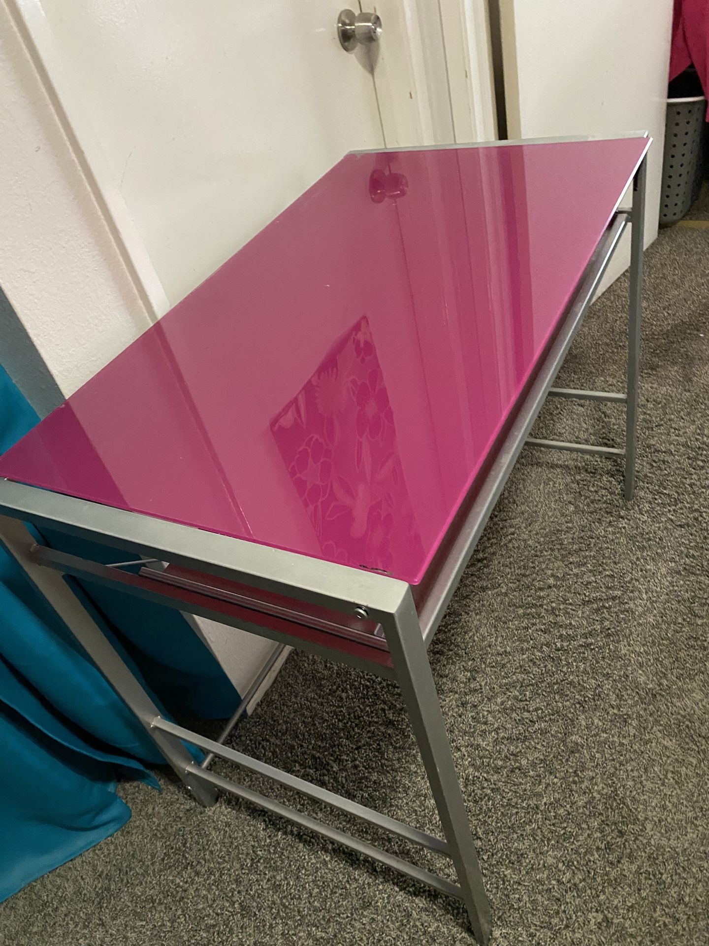 Pink Desk with Slide Out Keyboard Tray - Glass Top
