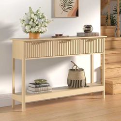 Fluted Console Table with Drawers, Modern 47.1" Entryway Table with Storage Shelf, Natural  