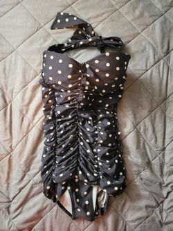 Unique Vintage Navy Blue Polka Dot One Piece Bathing Suit