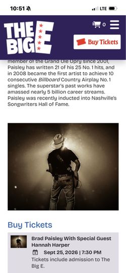 Brad Paisley Concert Tickets at Big E