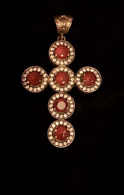 Antique Vintage Style Artisan Ruby Red Crystal Topaz Cross Crucifix Silver Pendant