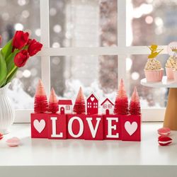 14" L Decorative Wooden Valentine's House Brush Trees Table Décor, Farmhouse Freestanding Love Table Block Decor Sign, Romantic Valentine's Day Decora