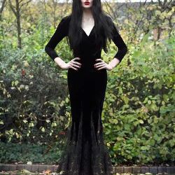 S-L Morticia Addams Costume Cosplay Halloween Sexy Gothic Wicked Witch Horror Maxi Lace Floor Dress Mermaid Outfit For Women