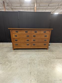 Mission Style Oak Finish Ten-Drawer Dresser with Ring Pulls