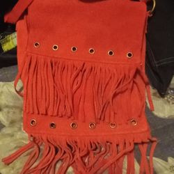 VTG HIPPIE BOHO RED GENUINE SUEDE LEATHER HANDCRAFTED FRINGED CROSSBODY BAG