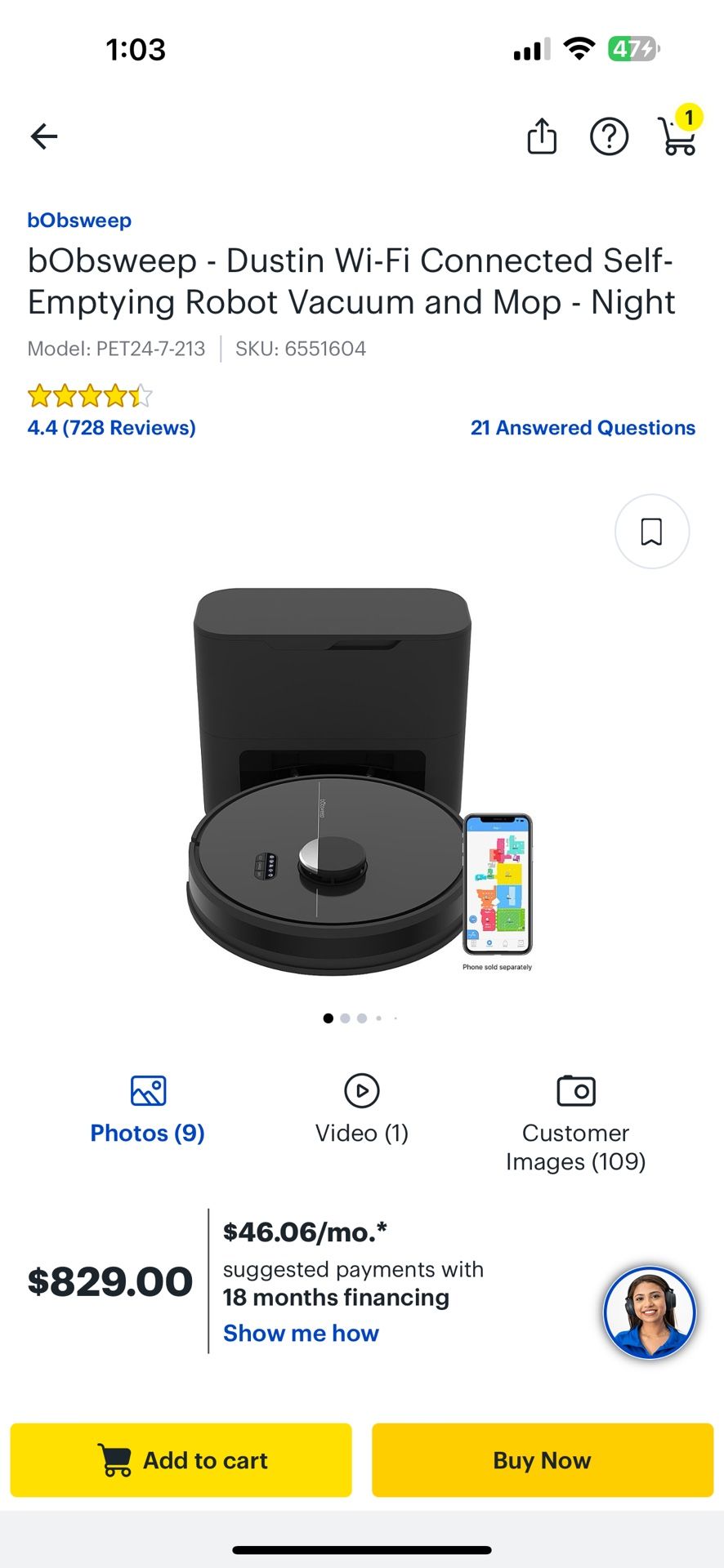 bObsweep - Dustin Wi-Fi Connected Self-Emptying Robot Vacuum and Mop - Night