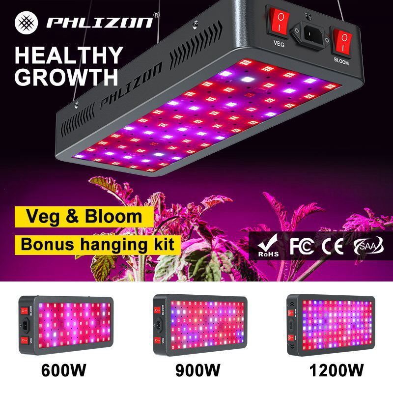 Phlizon 600W/1200W LED Grow Light: Full Spectrum, Dual Switch, Energy-Saving Indoor Plant Light for