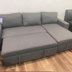 New Gray Sectional With Pull Out Bed Sofa Couch 