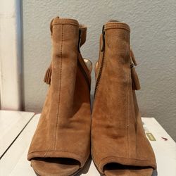 Brown Suede Peep Toe Ankle Boots Chunky Heel Tassels