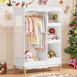 White Kids Dress-Up Wardrobe Armoire with Mirror and Shelves