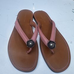 New Coach Womens Size 10 Pink Leather Flip Flop Sandals Floral Charm Thong