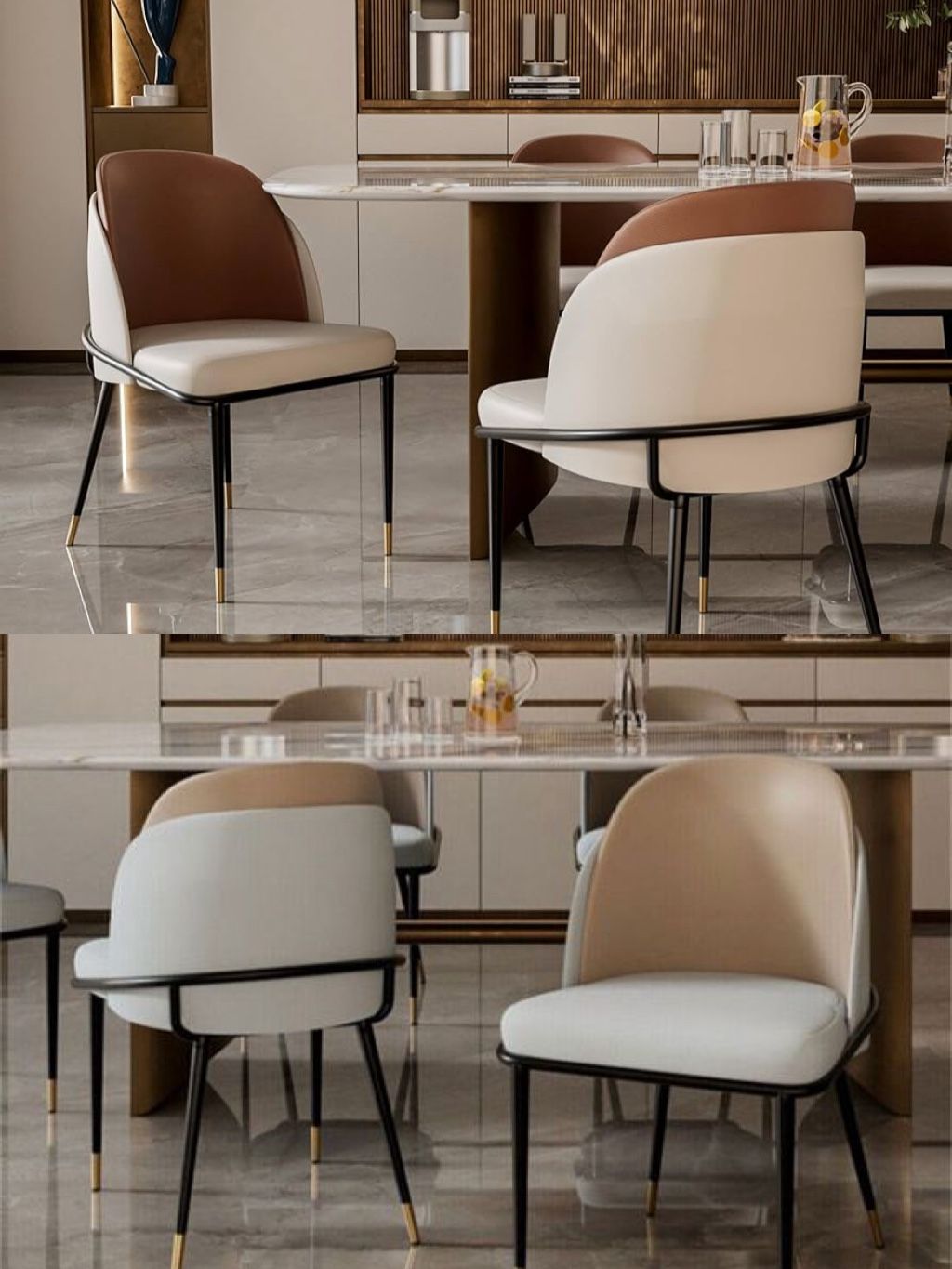 Dining Chairs Set of 2: Faux Leather Upholstered Makeup Chair with Arched Backrest - Armless Vanity Chairs with Metal Legs for Kitchen Living Room Bed