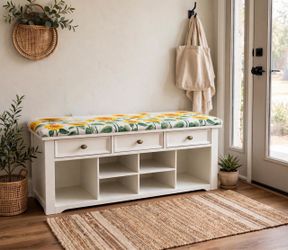 White Storage Bench with Sunflower Cushion