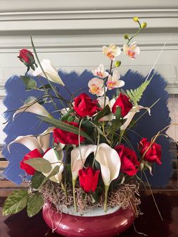 Silk Floral Arrangement in Red Ceramic Bowl