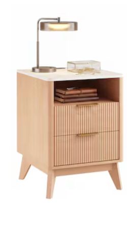 Nightstand with Charging Station - 2 Fluted Drawers - Natural Wood - New