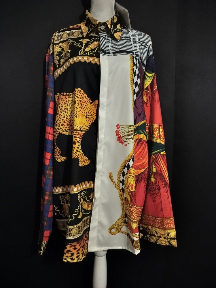 Women's Silk Animal Print Long Sleeve Casual Button-Down Shirt (Size 4XL)