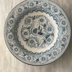 Blue And White Antique Decorative Hanging Platter With Bird And Floral Design