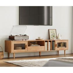 Wood TV Stand for TVs up to 75", Home Entertainment Center with 2 Cabinets, Drawer & Open Storage Shelves, Natural Wood
