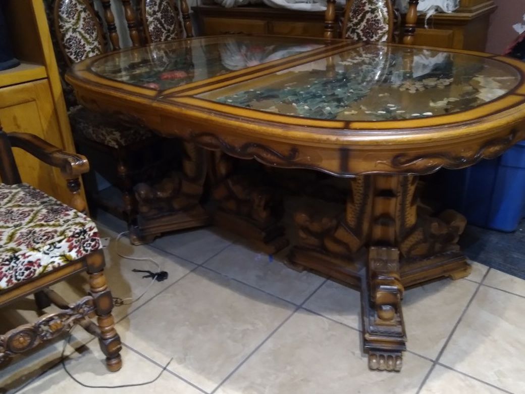 Antique Hand Carved Asain Dragon Table With Jades+