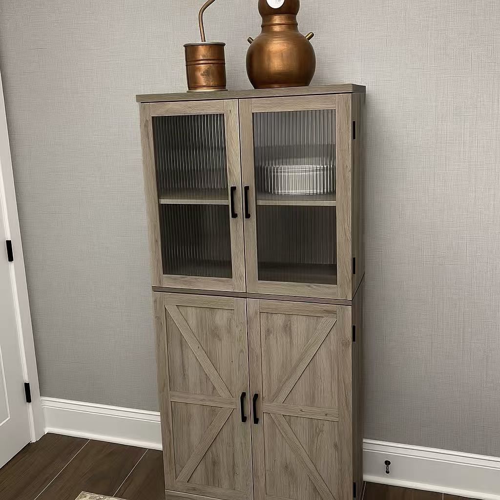 Brand New 72" Farmhouse Pantry Cabinet with Fluted Glass & Barn Doors – 7-Tier Storage