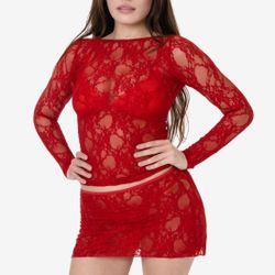 Los Angeles Apparel Red Floral Lace Long Sleeve Boatneck Top