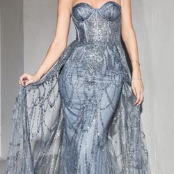 Smokey Blue Strapless Fitted Gown With Overskirt