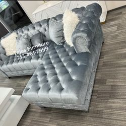 New $39 Down🔴 Grey Velvet Sectional Sofa W/pillows!! Hablo Españil! 