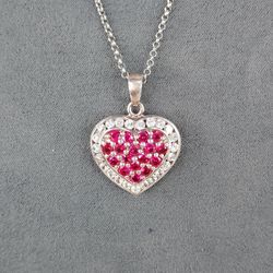 Italian Sterling Silver Rhodolite Garnet Heart Pendant Necklace, Stamped 925 Italy, Vibrant Pink Gemstones