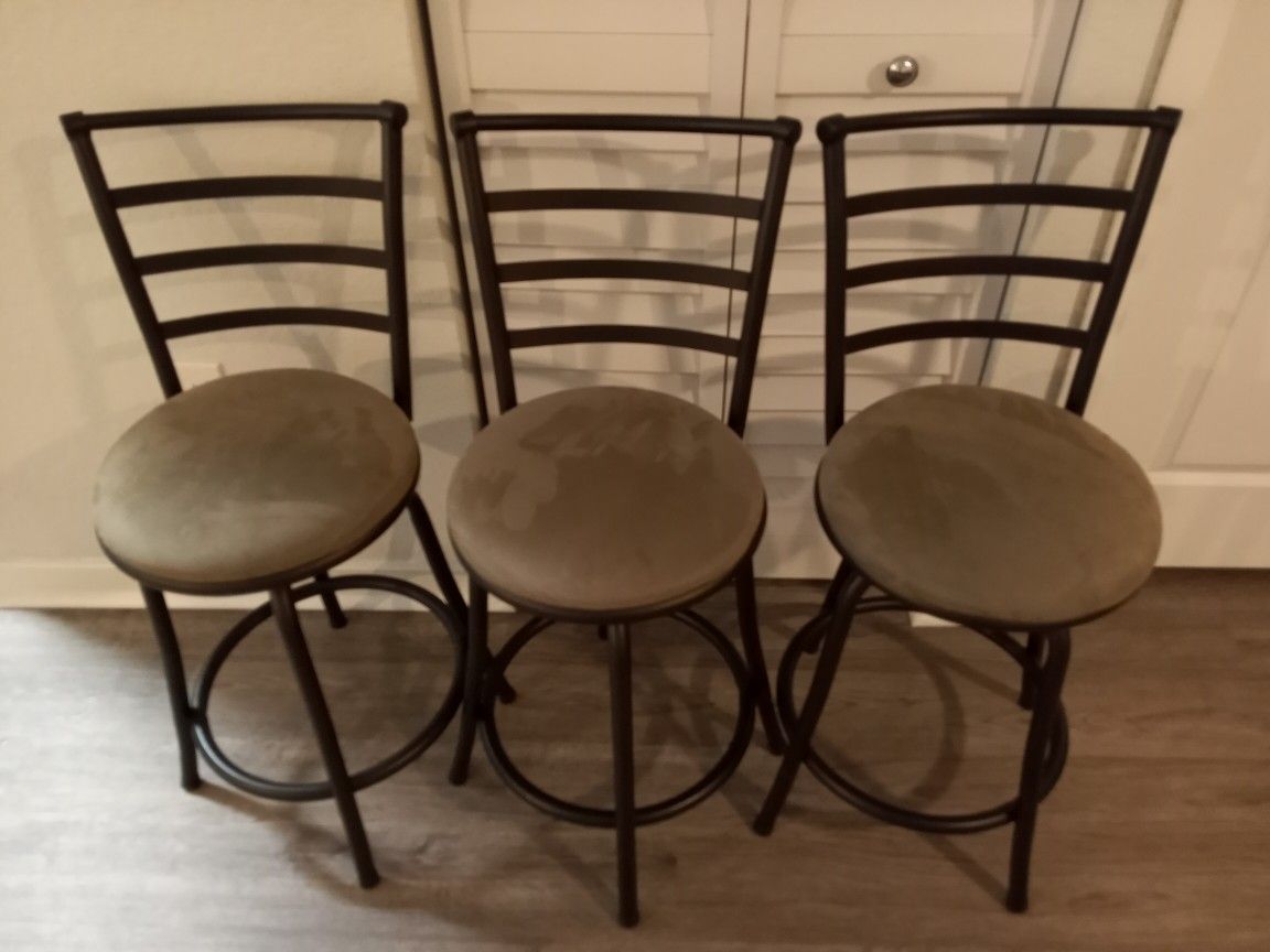 3  Pieces Perfect Condition  Like New  Black Metal Bar Stool With 360 Degree Swivel..All Together..24 Inches  Height ..Grey Microfiber  Cushion 