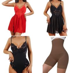 Women’s Lace Babydoll & Shapewear Set - Red, Black, Brown Size Medium