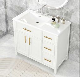 36” White Bathroom Vanity w/ Drawers / Storage & Ceramic Sink [NEW IN BOX] **Retails for $500+ ^Assembly Required^ 