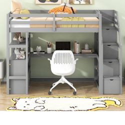 Twin Loft Bed with Storage Staircase and Desk, Wooden Twin Size Loft Bed with Storage Shelves and 2 Built-in Drawers, Gray