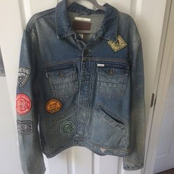 Guess Dillon Patch Graffiti Denim Jean Trucker Jacket Men's 