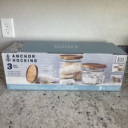 Brand New 3 Piece Glass Jar Set With Acacia Wood Lids