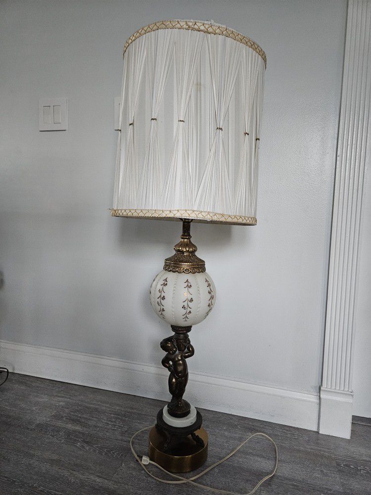 Vintage Boudoir Lamp White Frosted Satin Glass Painted Floral  