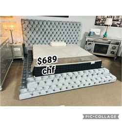Gray Queen Size Oversized Headboard Bed Frame 