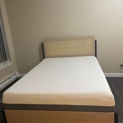 Full Size Rommie Matress + Bed Frame With Rattan Headboard 