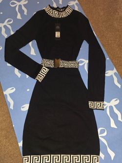 Black Knit Bodycon Dress w/ Greek Key Trim