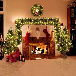 AWQM 4-Piece Christmas Decoration Set, Pre-lit Artificial Christmas Tree Garland Wreath 4FT Xmas Trees 4-Piece Set, Outdoor Christmas Tree for Porch, 
