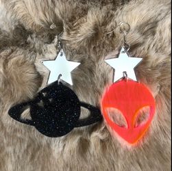 Rolita Couture Neon Pink & Black Out of Space Alien Star Planet Earrings New