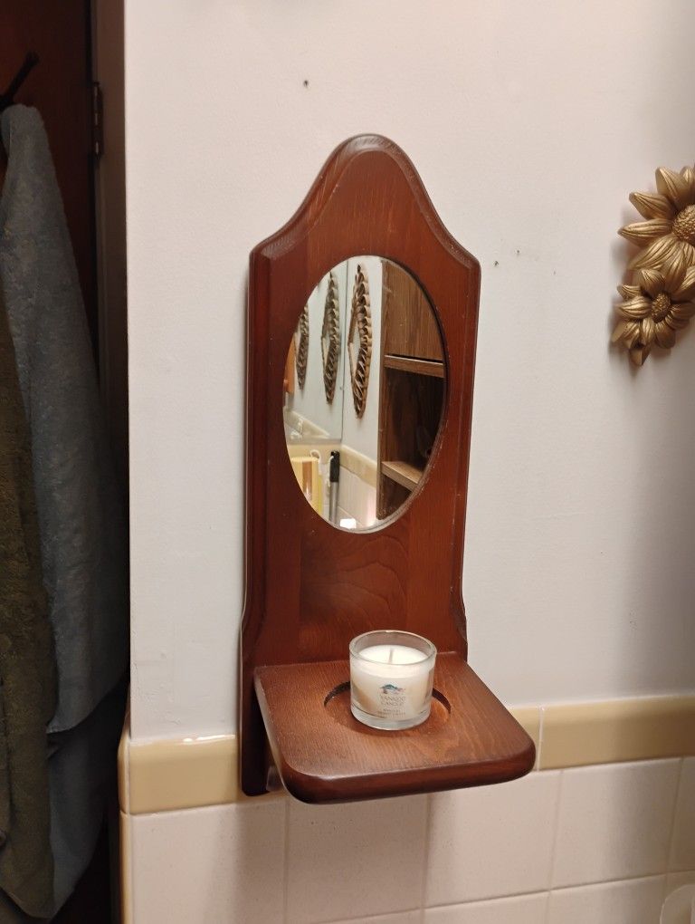 Vintage Solid Wood Candle Holder Shelf With Mirror