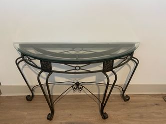 Wrought Iron Demilune Console Table with Glass Top