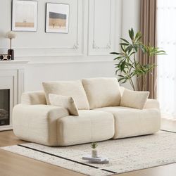 Beige Cream-Style Memory Foam No Leg Floor Sofa, Corduroy Upholstered Loveseat Couch with 2 Pillows [NEW] <NO ASSEMBLY REQ>