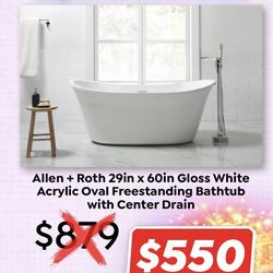 60in White Oval Acrylic Freestanding Bath Tub
