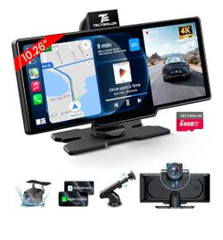 10.26” Portable Apple CarPlay & Android Auto Screen – 4K Dash Cam, Backup Camera, GPS & Voice Control