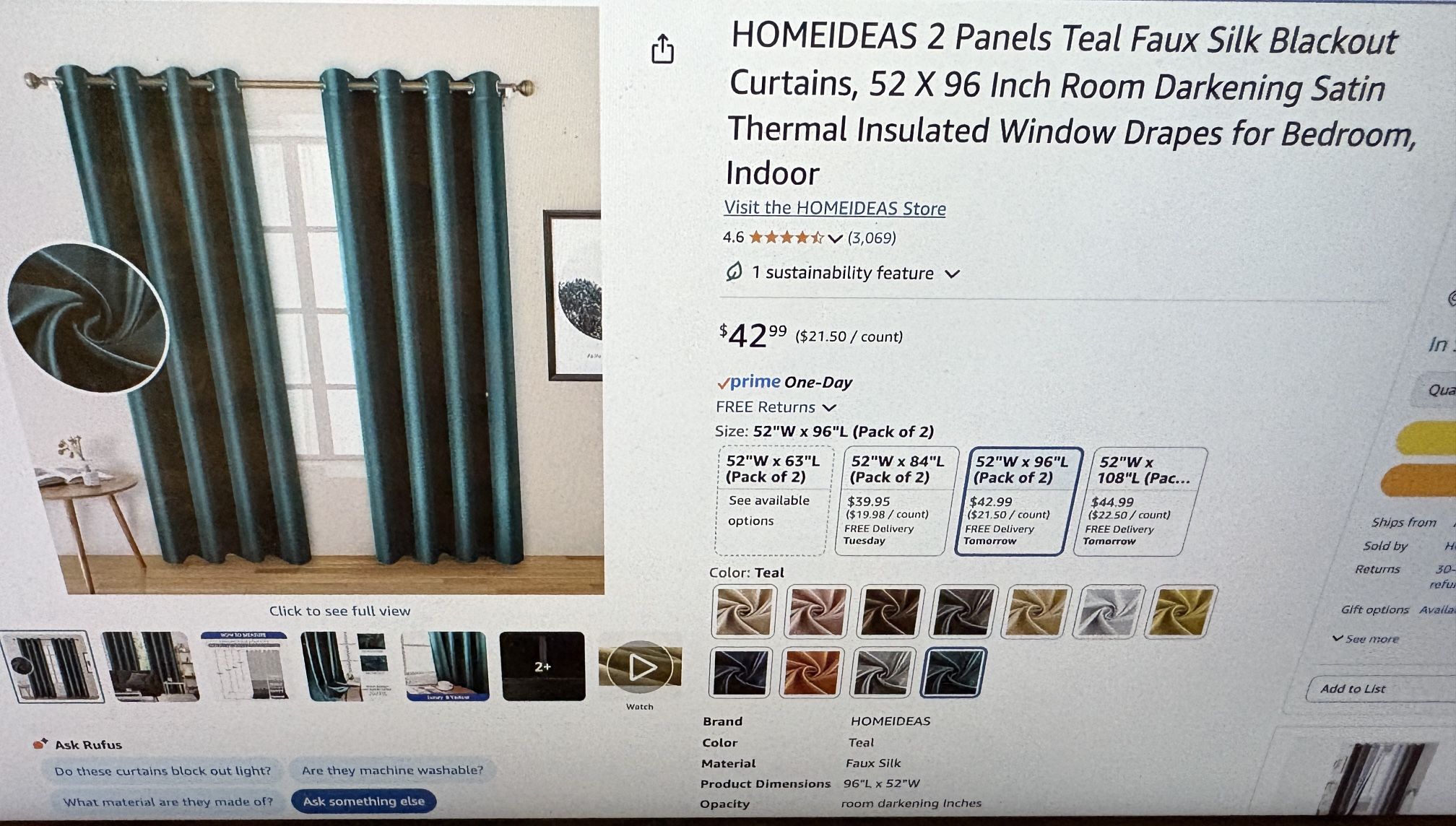 Teal Faux Skil Blackout Curtains, 52x96 Inch