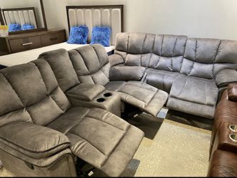 Holiday sale. Barcelona, soft, gray reclining sofa and loveseat set only $1299. Easy finance option. Same day delivery.