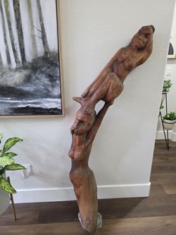 Circa 1970s Era Rare Carved Solid Redwood Tree Sculpture 5 Ft. Tall.
 SEE DESCRIPTION