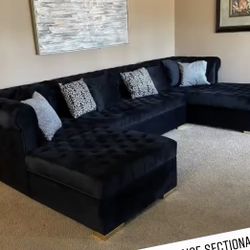 Double  Chaise Sectional Black Velvet Dior