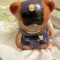 Teddy Bear Fuzzy Wuzzy Tin Coin Bank Canister Police Officer Treasure Box. 